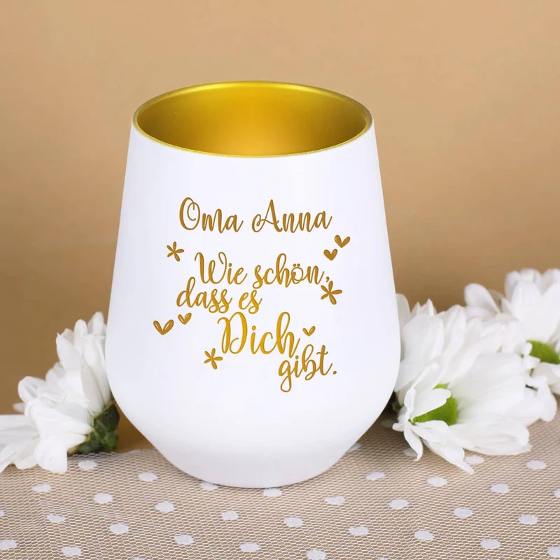 Wie schön, dass es Dich gibt - Windlicht in weiß-gold mit Name