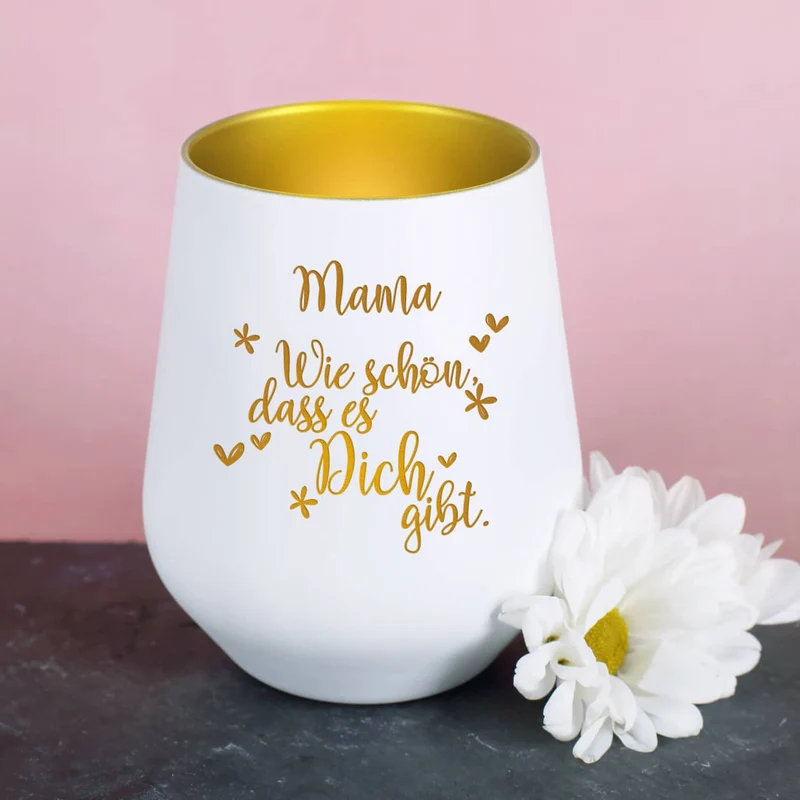 Wie schön, dass es Dich gibt - Windlicht in weiß-gold mit Name