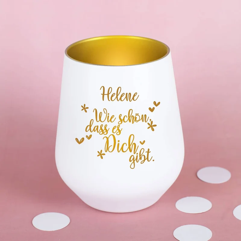 Wie schön, dass es Dich gibt - Windlicht in weiß-gold mit Name