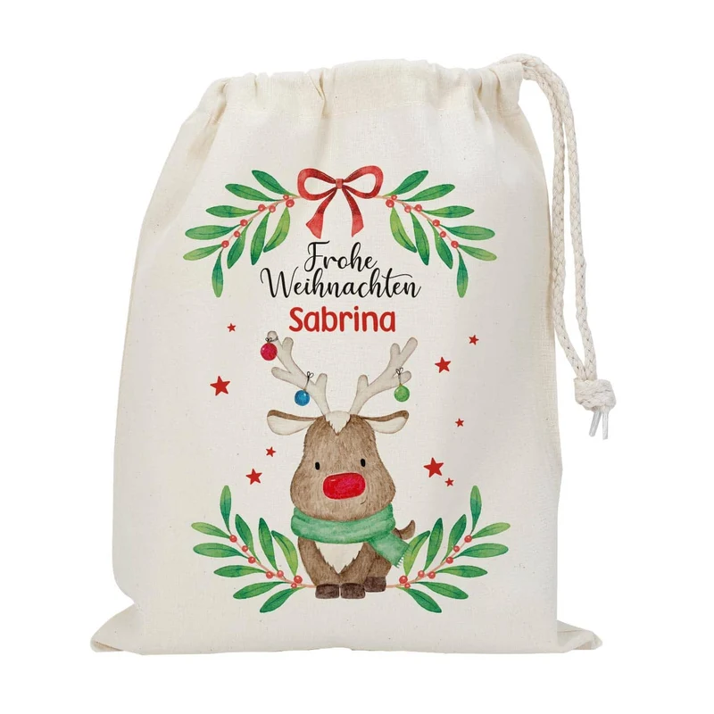Geschenksack zu Weihnachten mit Rentiermotiv und Name