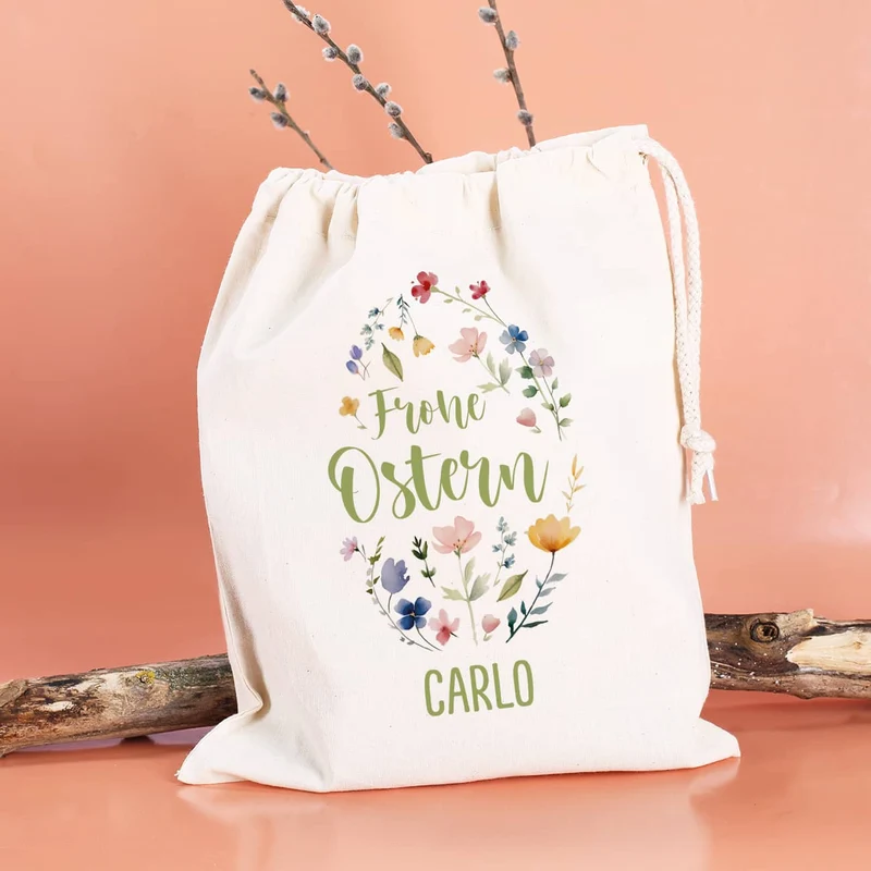 Frohe Ostern Geschenksack mit Blumen-Motiv & Name, 25x32 cm