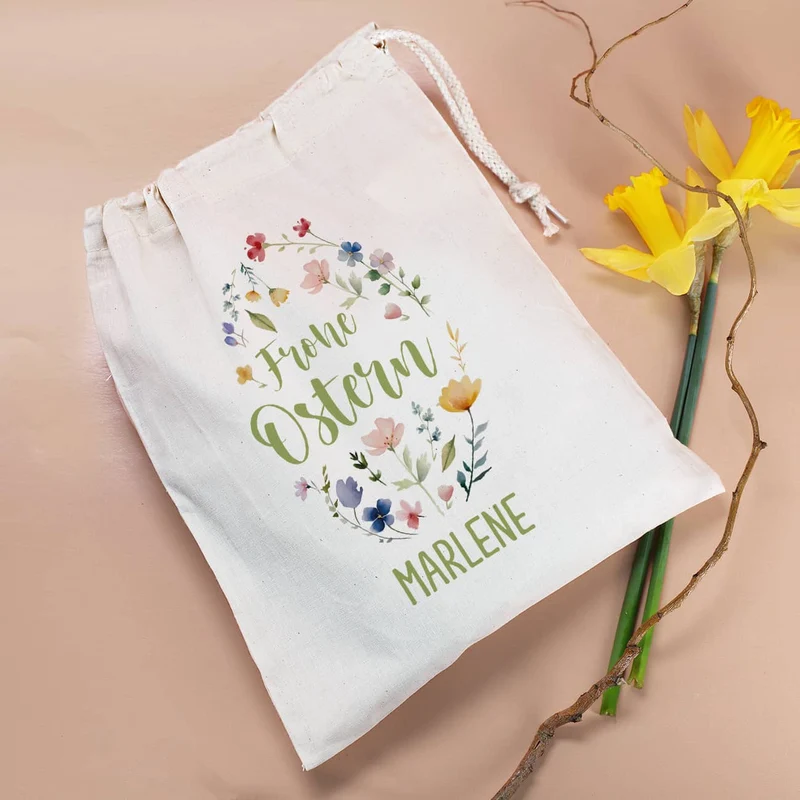 Frohe Ostern Geschenksack mit Blumen-Motiv & Name, 25x32 cm