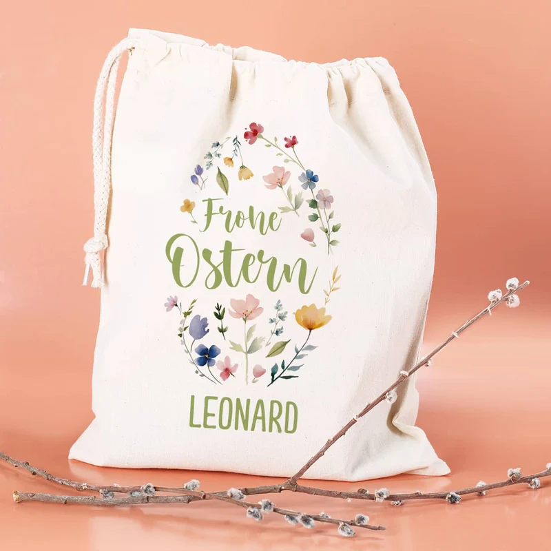 Frohe Ostern Geschenksack mit Blumen-Motiv & Name, 25x32 cm