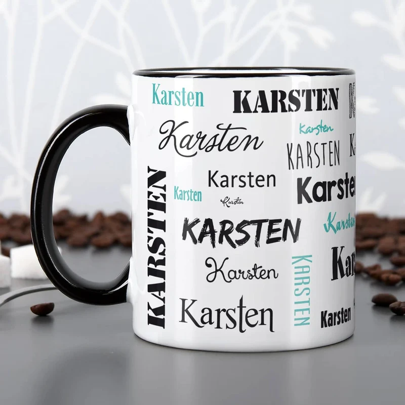 Tasse mit Ihrem Namen in verschiedenen Schriftarten und Farben
