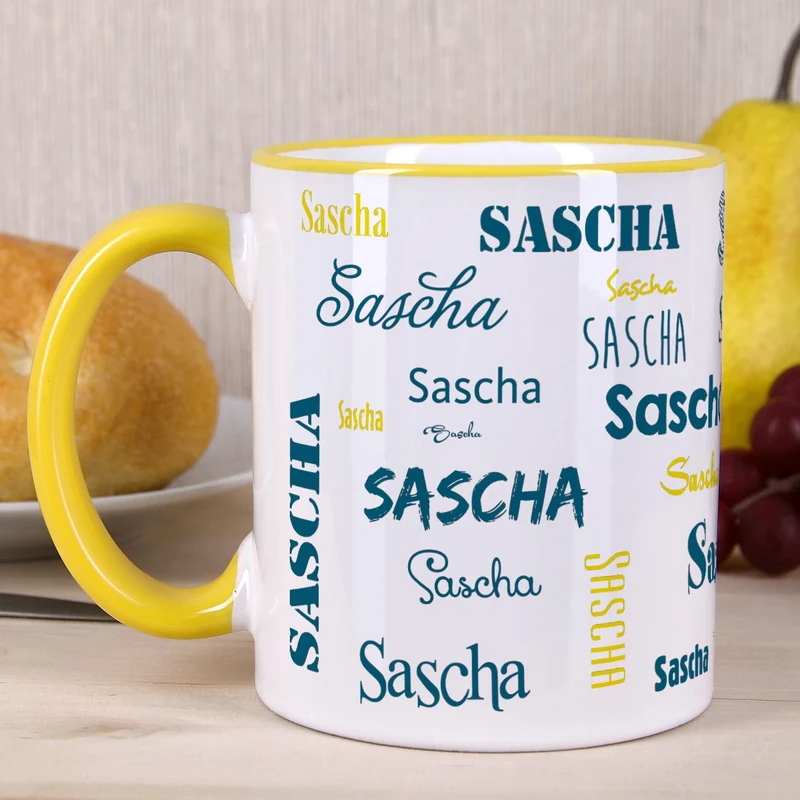 Tasse mit Ihrem Namen in verschiedenen Schriftarten und Farben