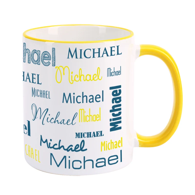 Tasse mit Ihrem Namen in verschiedenen Schriftarten und Farben