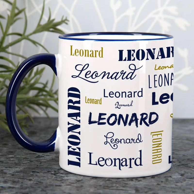 Tasse mit Ihrem Namen in verschiedenen Schriftarten und Farben
