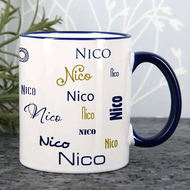 Tasse mit Ihrem Namen in verschiedenen Schriftarten und Farben