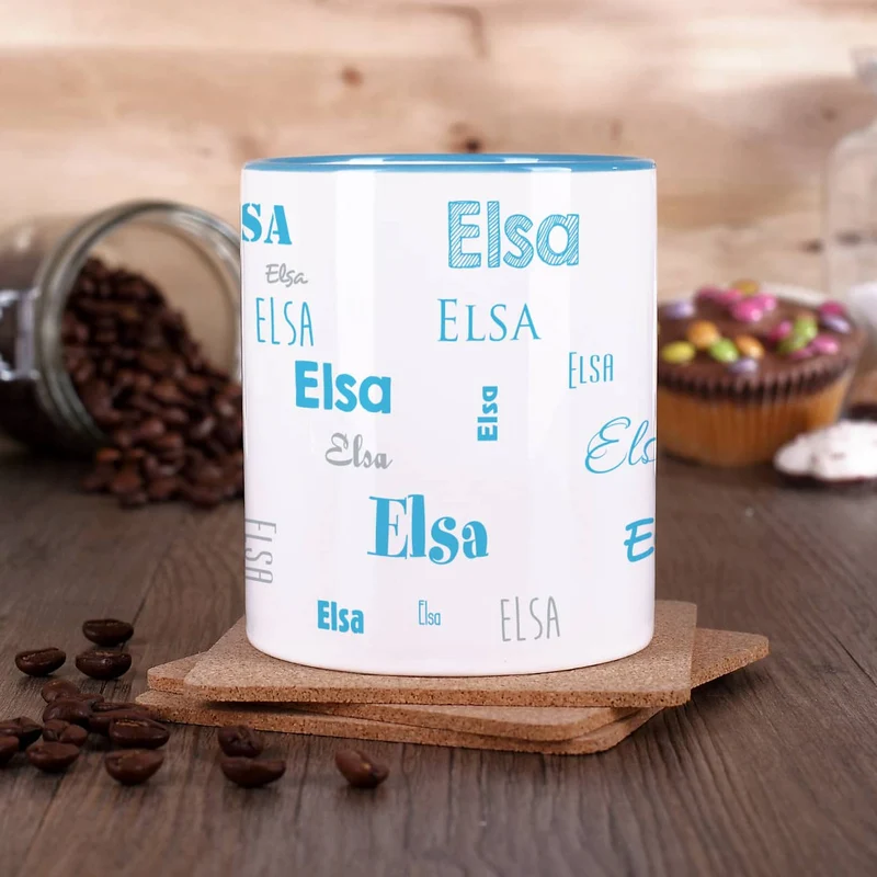 Tasse mit Ihrem Namen in verschiedenen Schriftarten und Farben