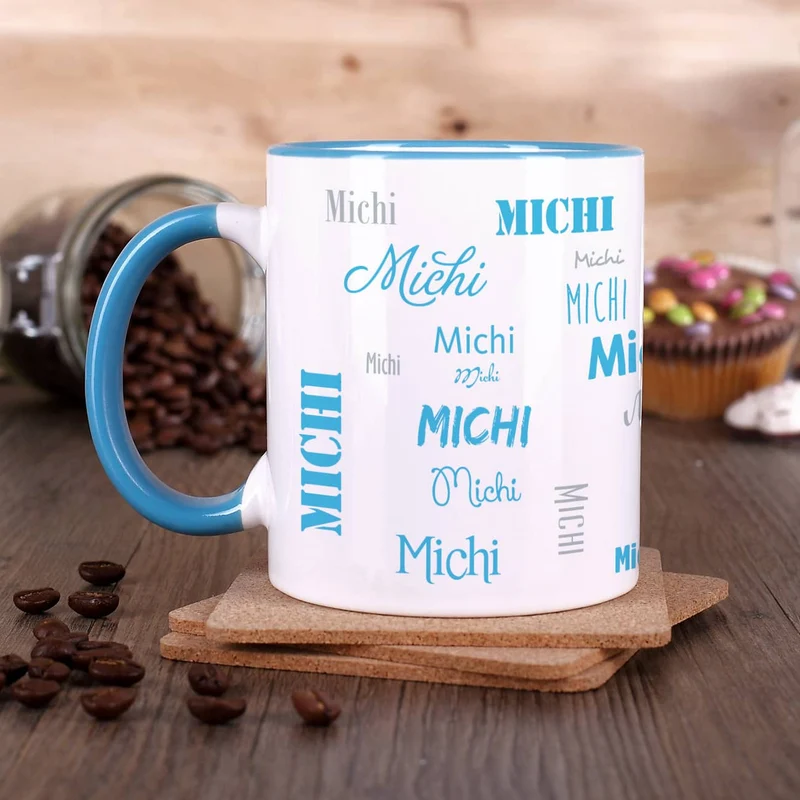 Tasse mit Ihrem Namen in verschiedenen Schriftarten und Farben