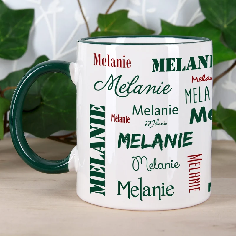Tasse mit Ihrem Namen in verschiedenen Schriftarten und Farben