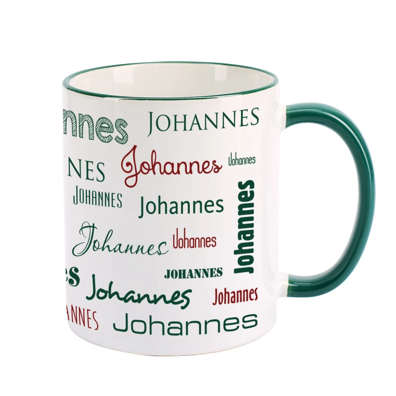Tasse mit Ihrem Namen in verschiedenen Schriftarten und Farben