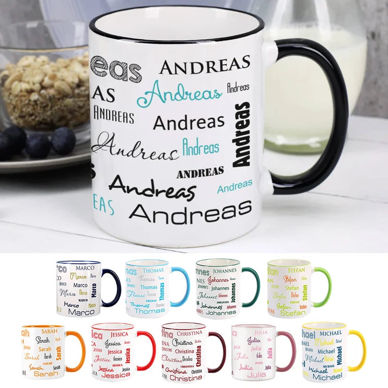Tasse mit Ihrem Namen in verschiedenen Schriftarten und Farben