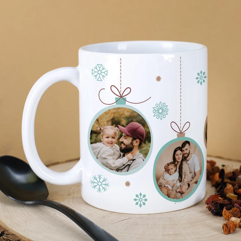 Fototasse mit Weihnachtskugel-Motiv in verschiedenen Farben