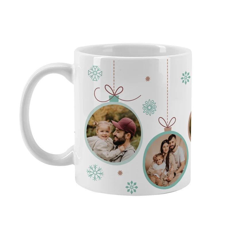 Fototasse mit Weihnachtskugel-Motiv in verschiedenen Farben