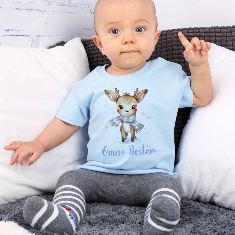 Babyshirt in blau mit niedlichem Rentier und Wunschtext