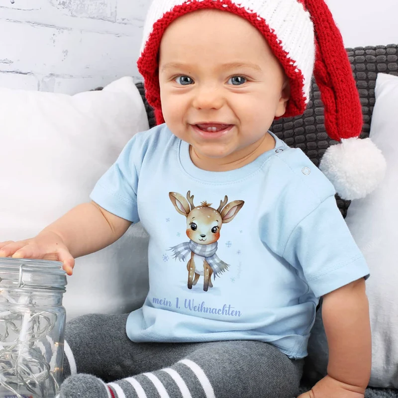 Babyshirt in blau mit niedlichem Rentier und Wunschtext