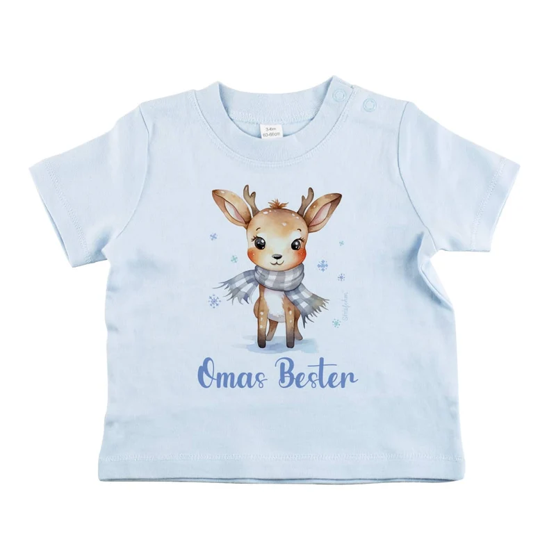 Babyshirt in blau mit niedlichem Rentier und Wunschtext