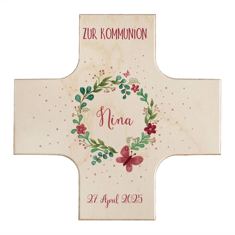 Holzkreuz mit Blütenkranz zur Taufe, Kommunion oder Konfirmation
