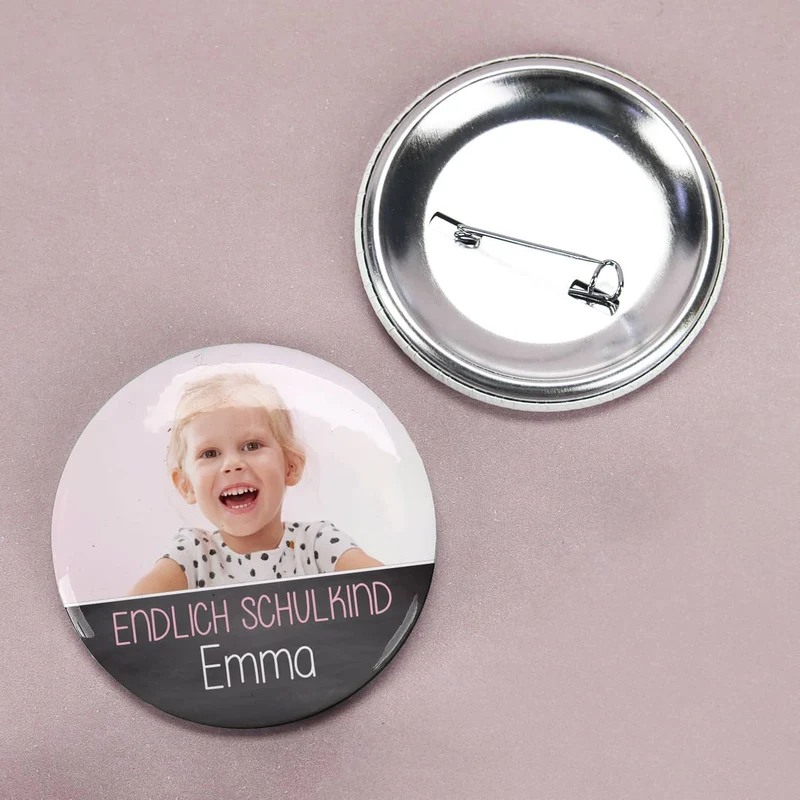 Endlich Schulkind - Button mit Fotoaufdruck