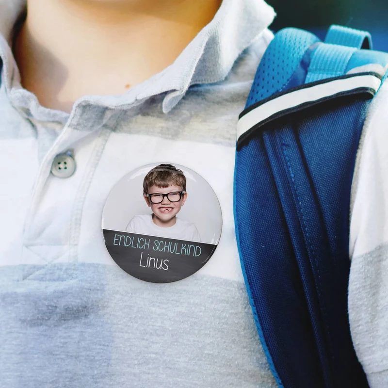 Endlich Schulkind - Button mit Fotoaufdruck