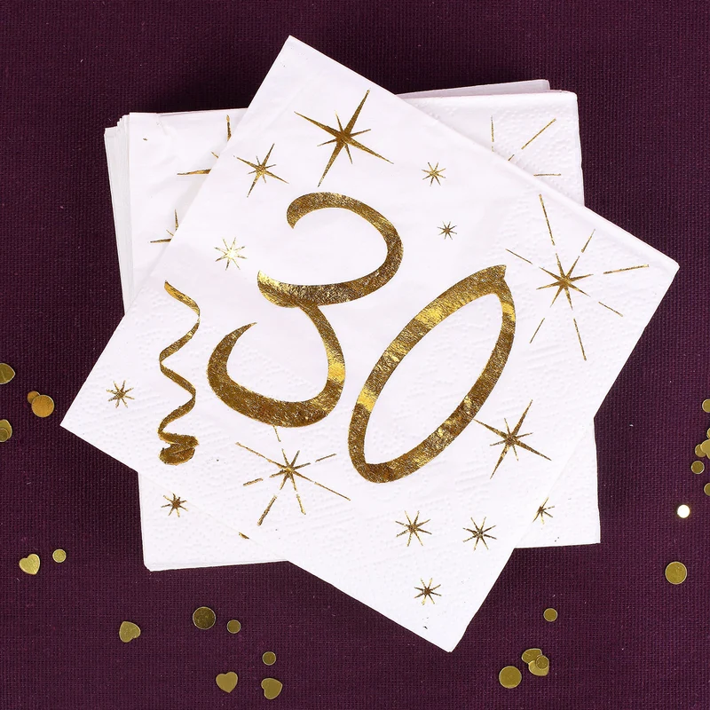 Weiße Servietten zum 30. Geburtstag in Gold-Metallic