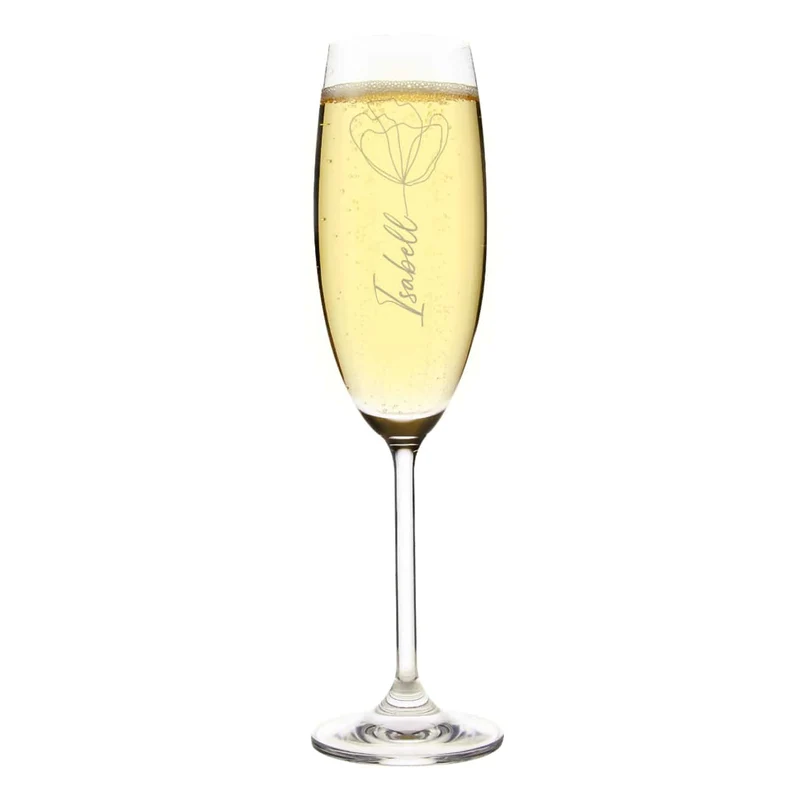 Graviertes Sektglas mit moderner Blüte und Ihrem Wunschnamen