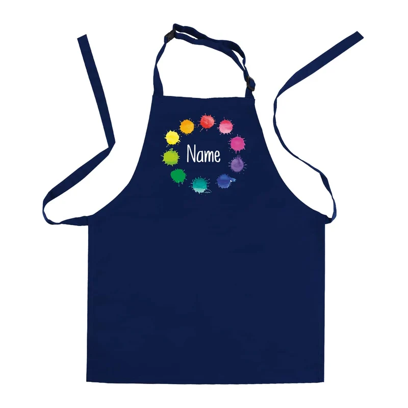 Dunkelblaue Kinderschürze mit Namensaufdruck und Farbklecks-Motiv