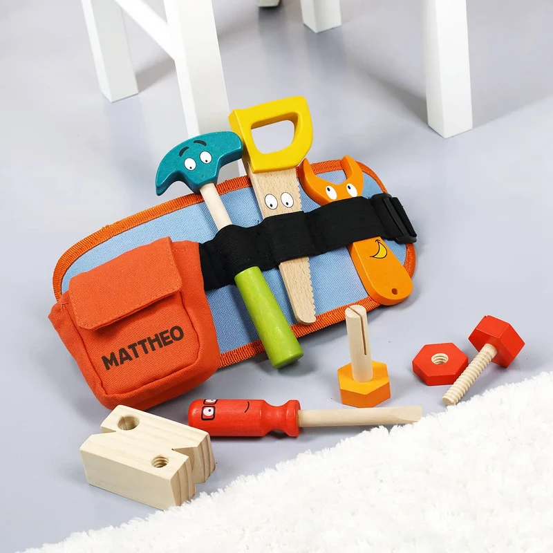 Werkzeuggürtel für Kinder mit Holzwerkzeugen und Namensaufdruck