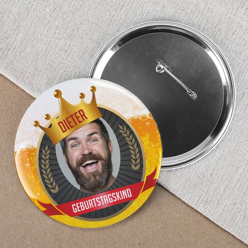 Lustiger XXL Bier-Button mit Ihrem Wunschfoto und eigenen Texten bedruckt