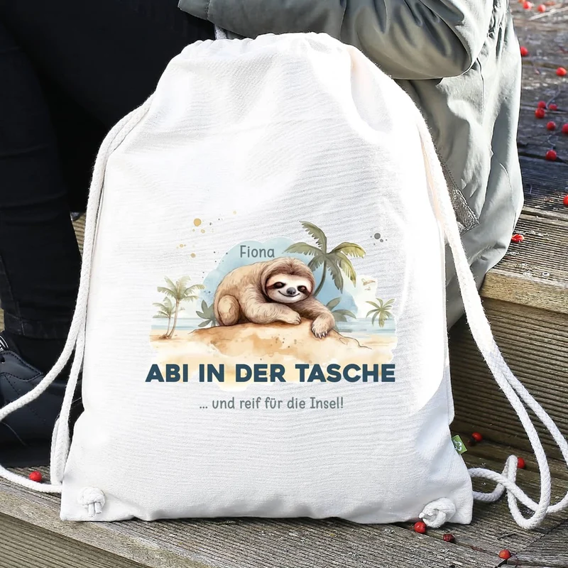 ABI & Schulabschluss - Baumwoll-Rucksack mit Faultier, Name und Wunschtext bedruckt