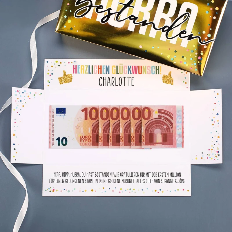 HURRA bestanden! - Goldbox für Geldgeschenke zum Abi, Schulabschluss & mehr