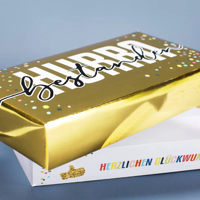 HURRA bestanden! - Goldbox für Geldgeschenke zum Abi, Schulabschluss & mehr