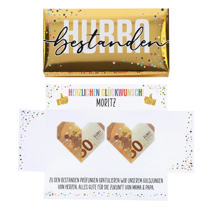 HURRA bestanden! - Goldbox für Geldgeschenke zum Abi, Schulabschluss & mehr