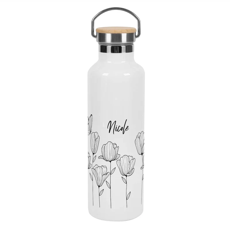 Weiße Thermosflasche mit Blumenmotiv und Schmetterlingen bedruckt
