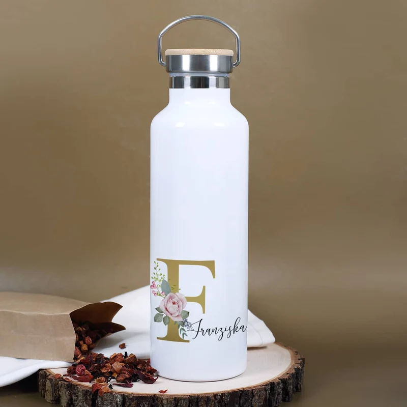 Thermosflasche mit Rosen-Monogramm, Name und Initiale bedruckt