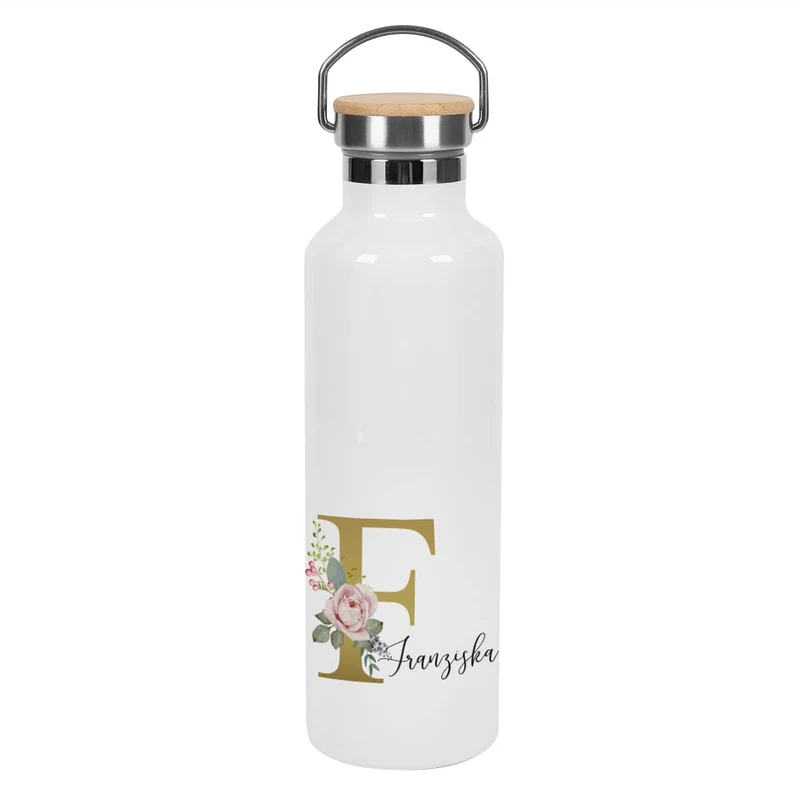 Thermosflasche mit Rosen-Monogramm, Name und Initiale bedruckt
