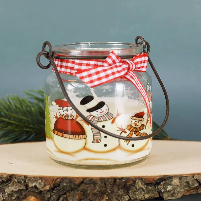 Kerze im Glas mit Metallbügel - Schneemann