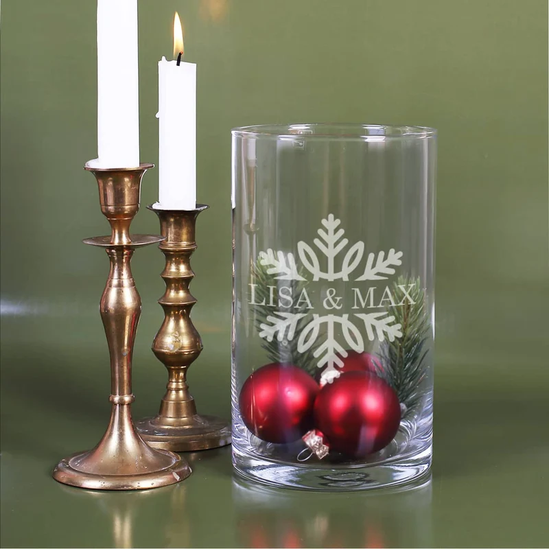 Gravierte Vase mit Schneeflocke und Wunschtext
