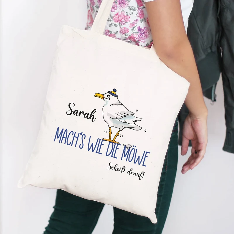 Mach's wie die Möwe... - Baumwollbeutel mit Name