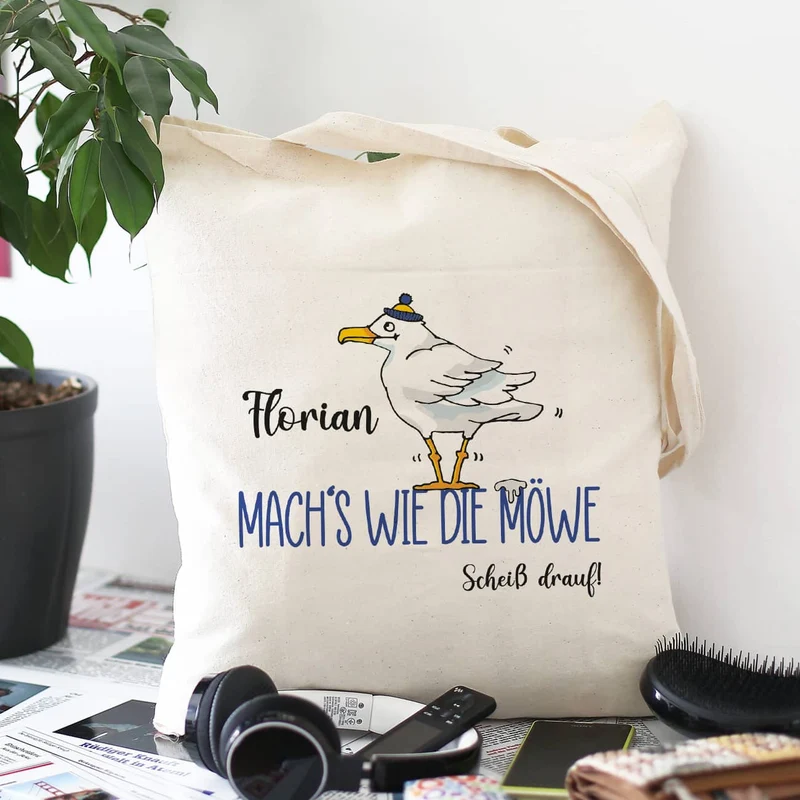 Mach's wie die Möwe... - Baumwollbeutel mit Name