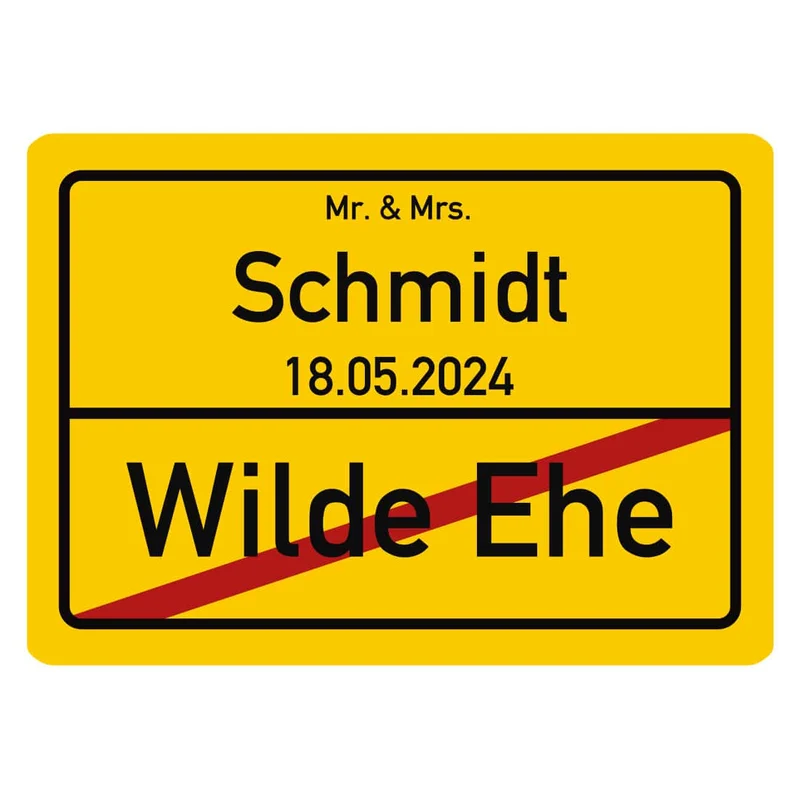 Ortsschild zur Hochzeit mit Name und Datum