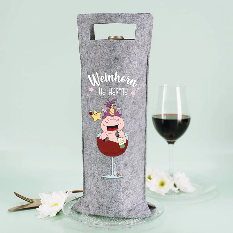 Weinhorn Flaschenbeutel aus Filz mit Knuddelhorn und Name