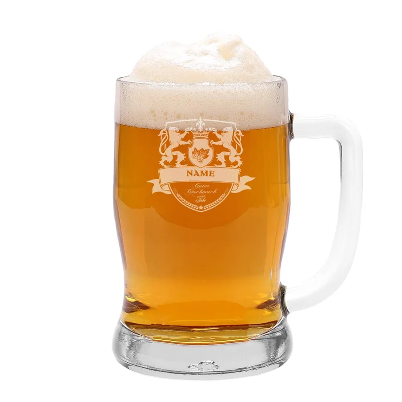 Gravierter Bierkrug mit Motiv, Wunschnamen und Geburtsjahr