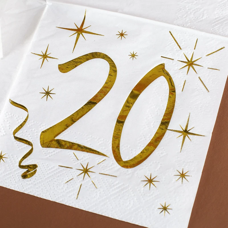 Weiße Servietten zum 20. Geburtstag in Gold-Metallic