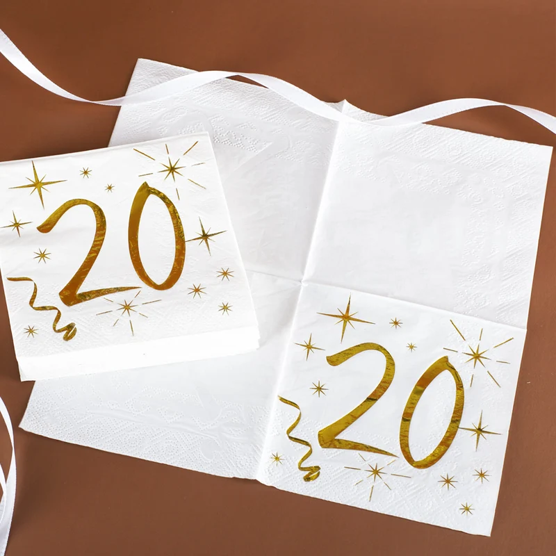Weiße Servietten zum 20. Geburtstag in Gold-Metallic