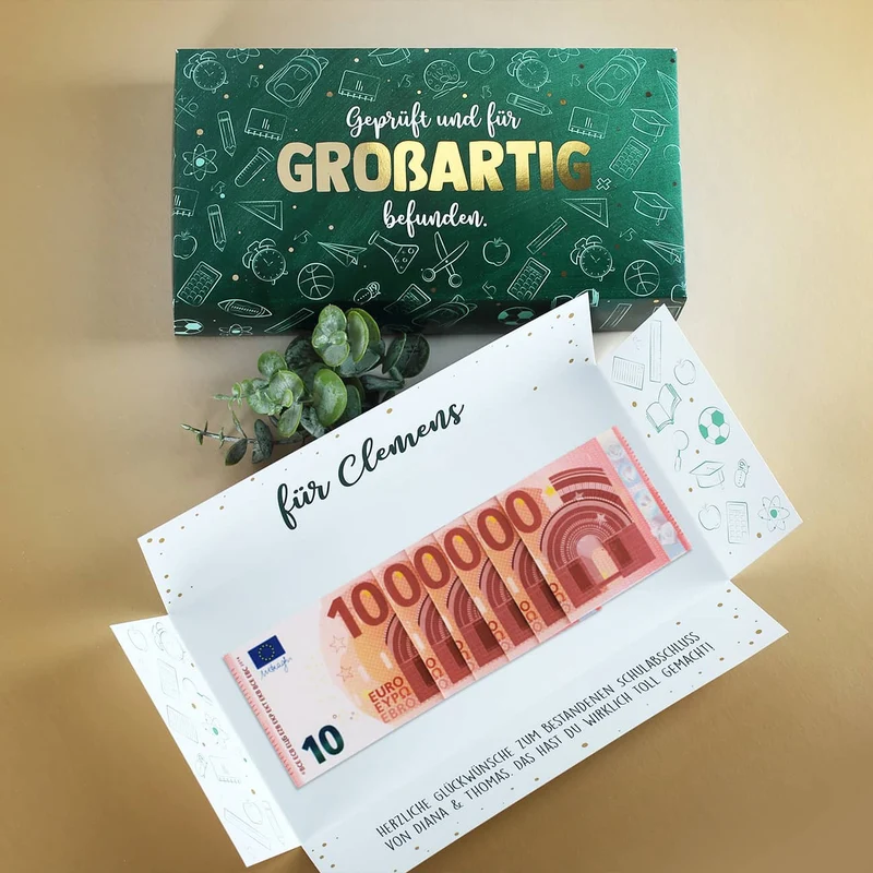 Geldgeschenk zum Abi & Schulabschluss - Box mit Goldprägung, Name & Wunschtext