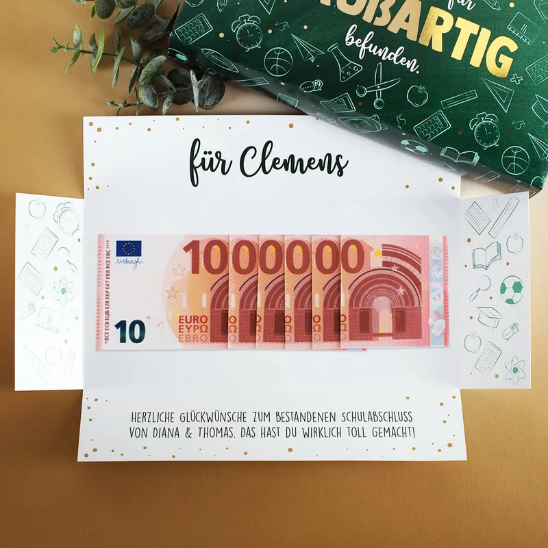 Geldgeschenk zum Abi & Schulabschluss - Box mit Goldprägung, Name & Wunschtext