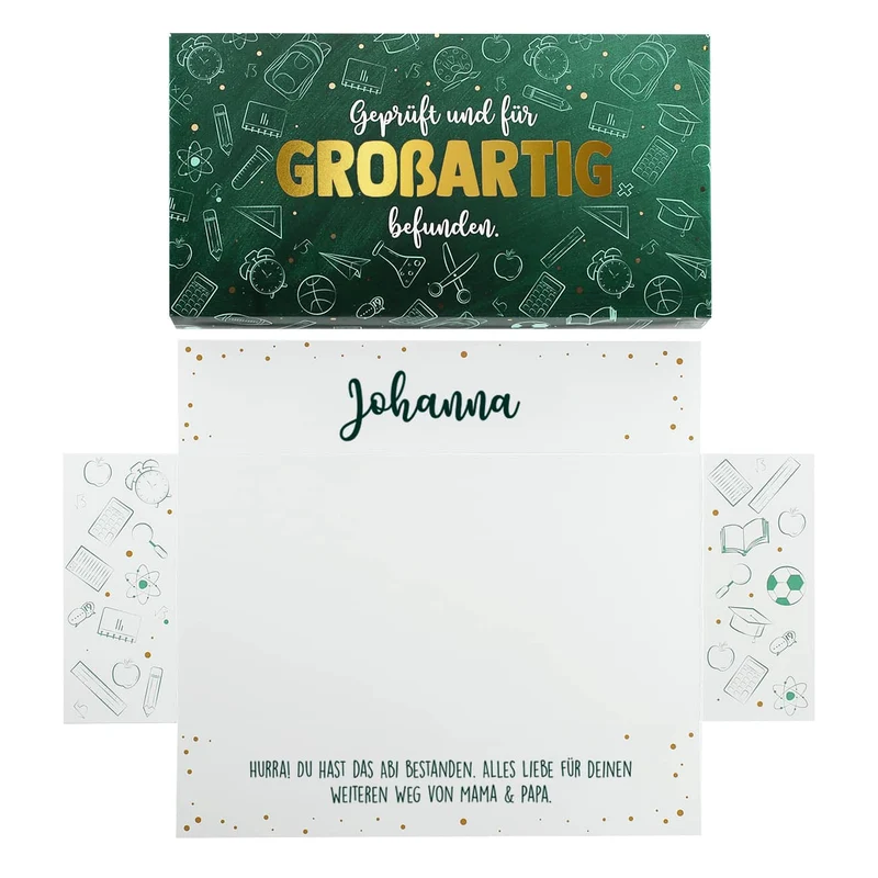 Geldgeschenk zum Abi & Schulabschluss - Box mit Goldprägung, Name & Wunschtext