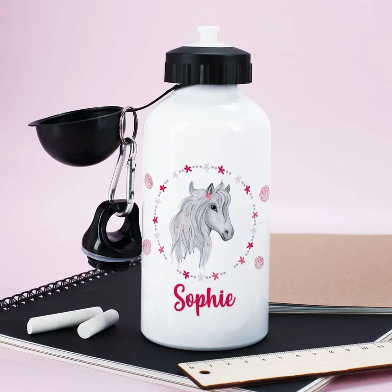 Aluminium-Trinkflasche mit Pferd, Blüten und Name